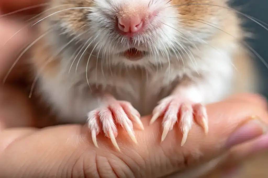 Nahaufnahme von Hamsterkrallen eines Hamsters in einer Menschenhand gehalten.