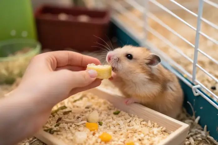 Hand bietet einem Goldhamster Futter in einem gemütlichen Käfig an – Symbol für Vertrauen.