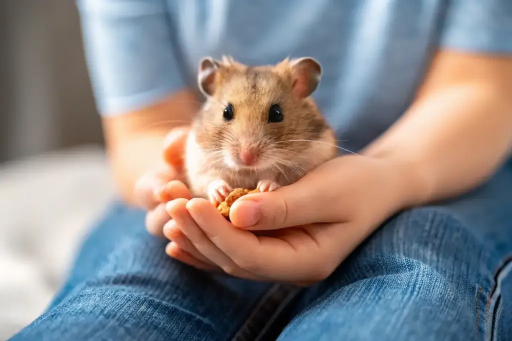 Hamster wird auf dem Schoß gehalten, während die Pfote sanft für das Krallenschneiden vorbereitet wird.