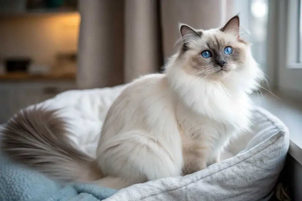 Heilige Birma Katze auf einem Teppich – sanfte Schönheit für Familien.