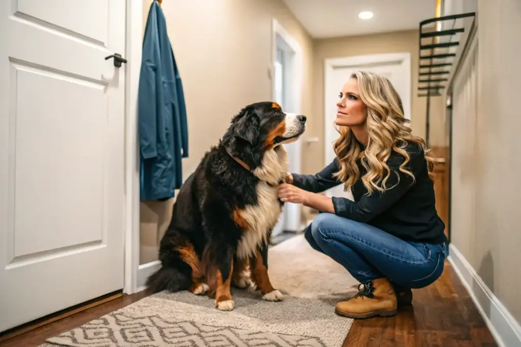 Besitzer beugt sich über seinen Bernersennenhund und durchsucht sorgfältig das Fell nach Grannen und anderen Gefahren, besonders nach dem Spaziergang.