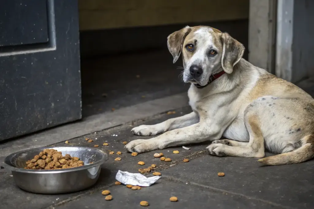 Ungesunder Hund mit stumpfem Fell und müden Augen, neben einem Schalen voller minderwertigem Hundefutter.