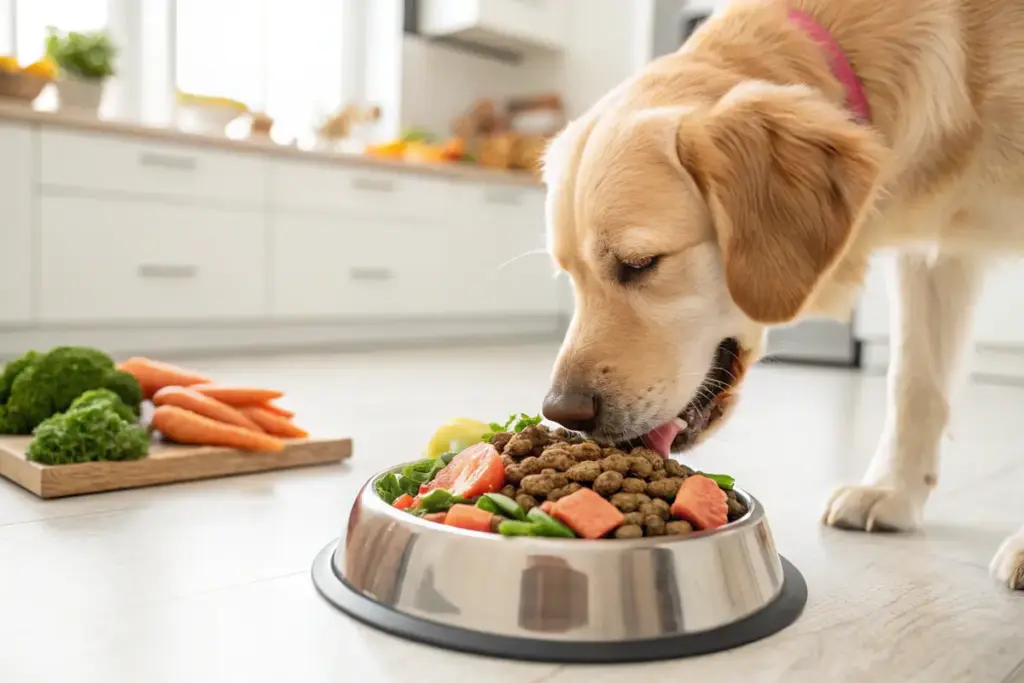 Gesunder Hund genießt eine ausgewogene Mahlzeit mit hochwertigem Trockenfutter, frischem Fleisch und Gemüse.