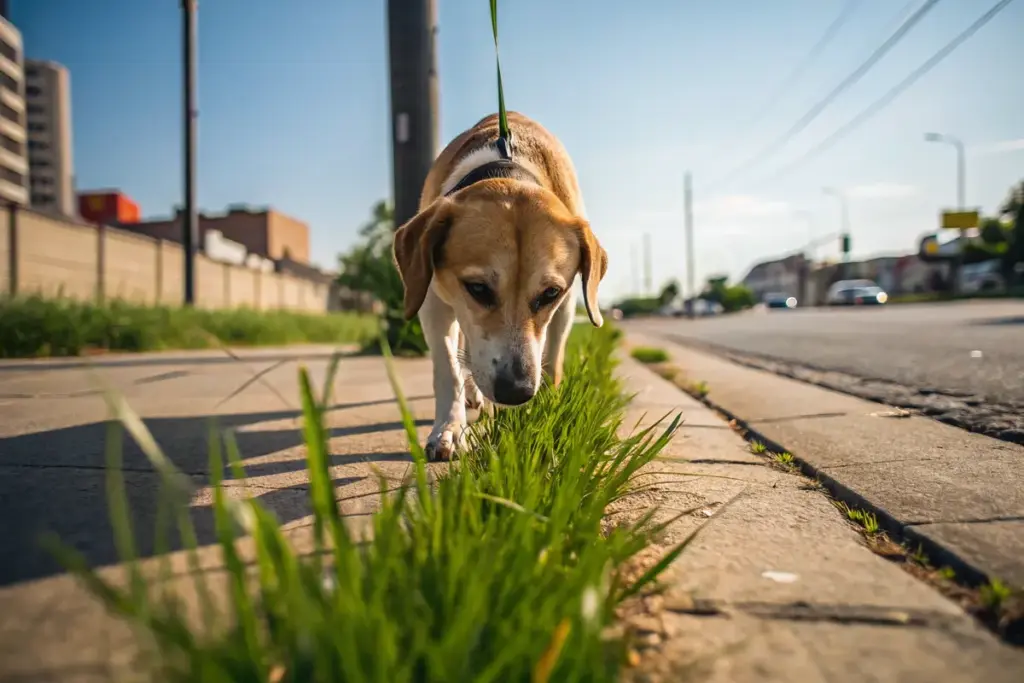 Hund frisst Gras in einem hohen Wiesenstreifen zwischen Gehweg und Straße in einer urbanen Umgebung.
