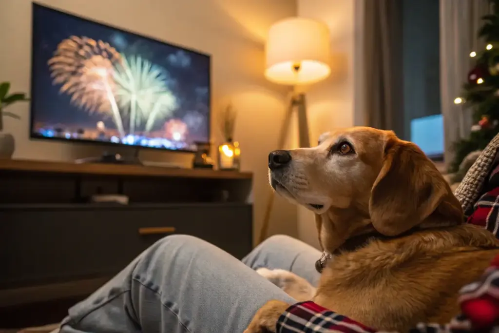 Hund entspannt auf dem Schoß des Halters, im Hintergrund läuft der Fernseher.
