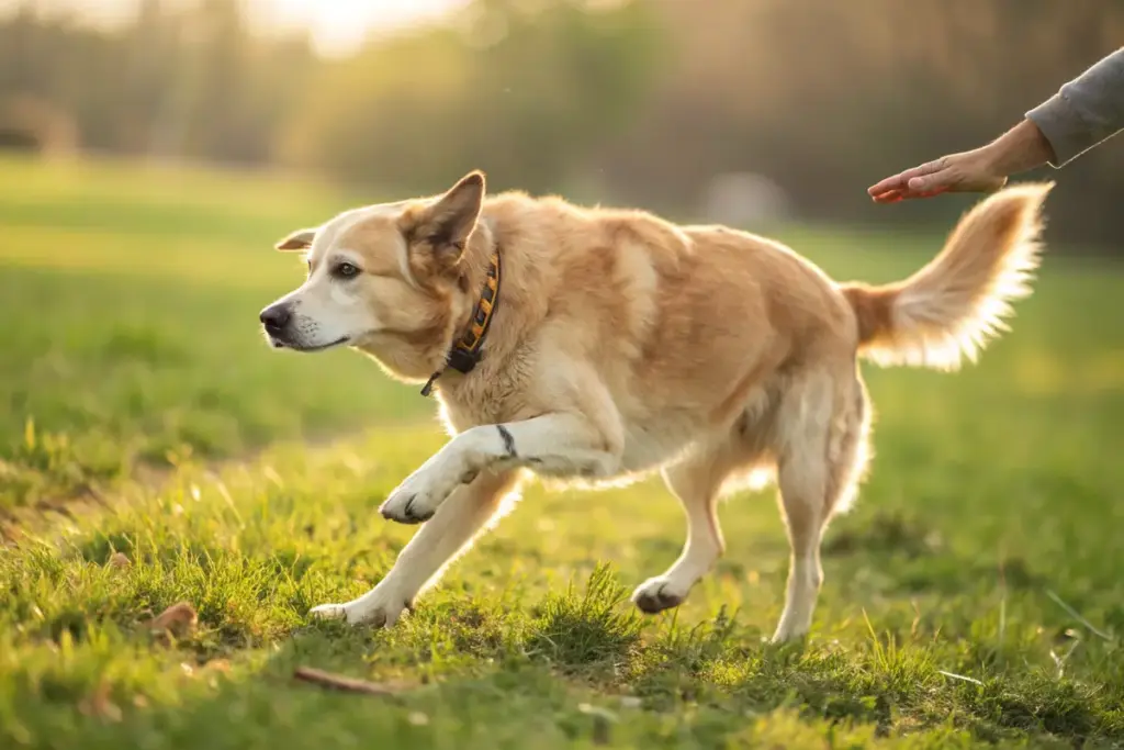 Hund humpelt mit einer Pfote, die wegen einer Granne zwischen den Zehen schmerzt.