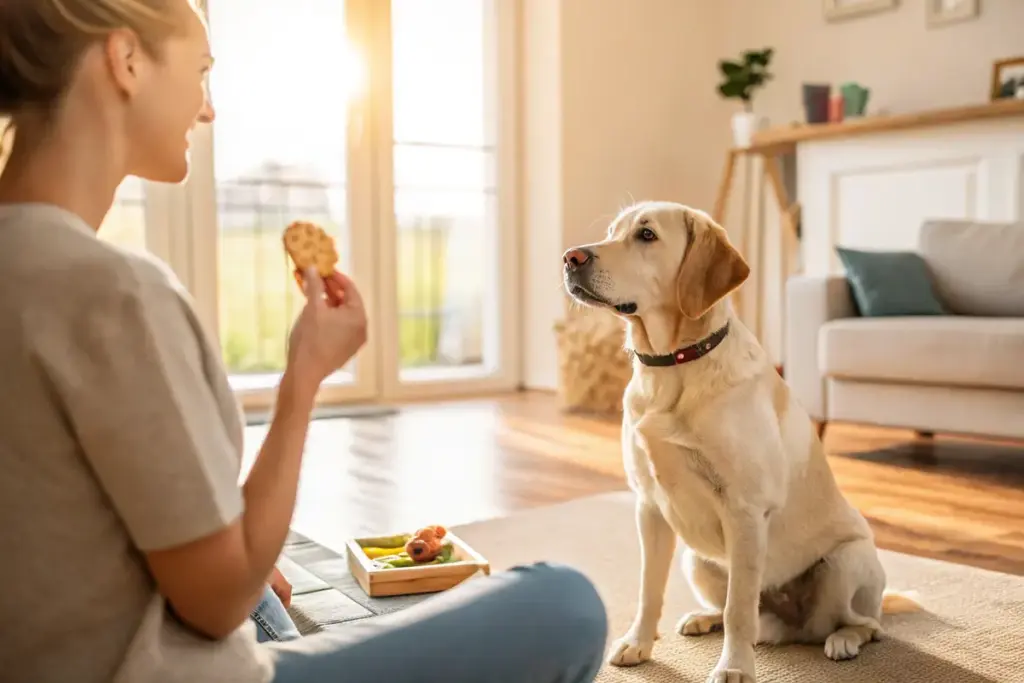 Hund hört auf das Kommando Sitz im Wohnzimmer.