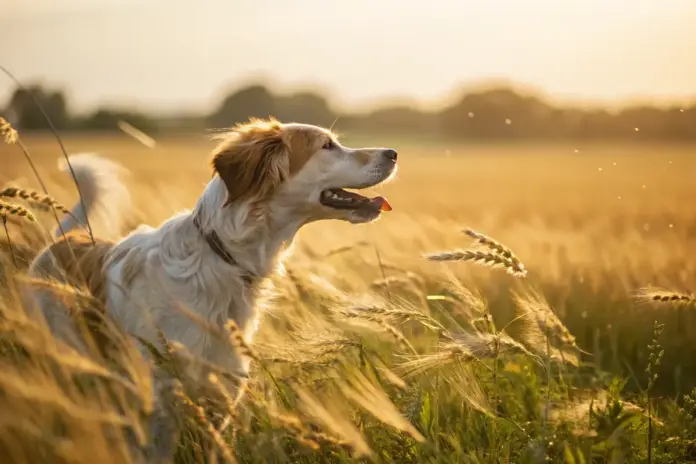 Sommerlandschaft mit Hund und Grannen in hohem Gras, die Gefahr für den Hund verdeutlicht.