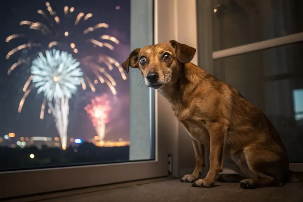 Gestresster Hund mit aufgestellten Ohren und Feuerwerkslicht im Hintergrund.