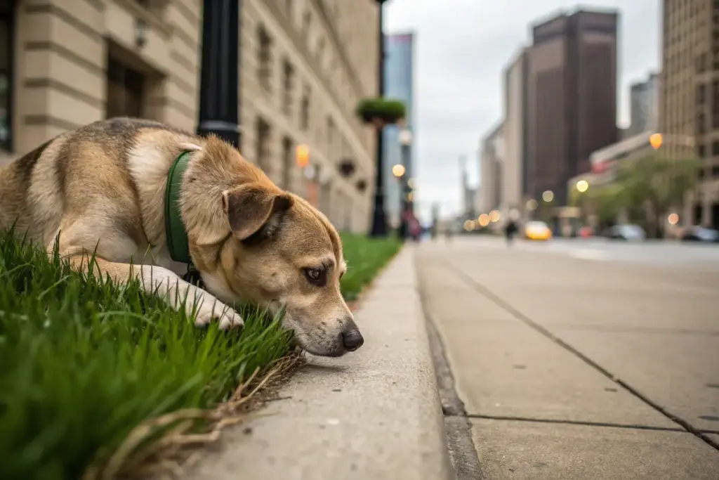 Hund frisst Gras und zeigt Anzeichen von Unruhe, was auf gesundheitliche Probleme hinweisen könnte.