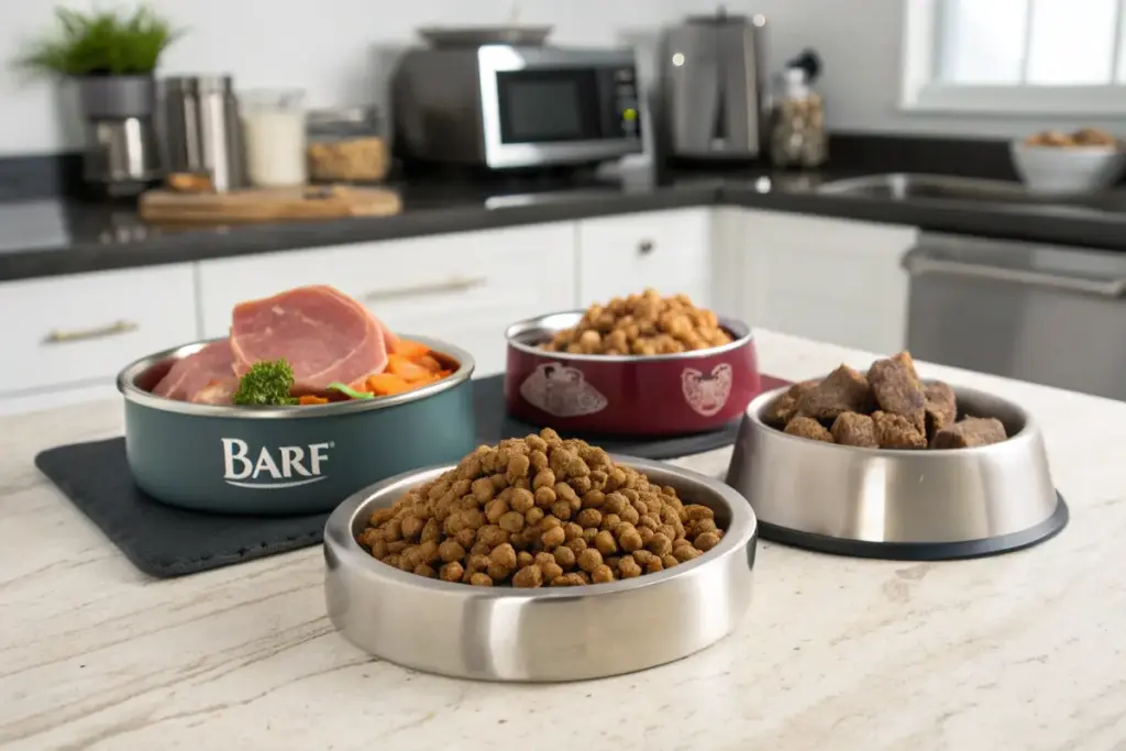 Verschiedene Hundefutterarten: Trockenfutter, Nassfutter und BARF auf einem Tisch.