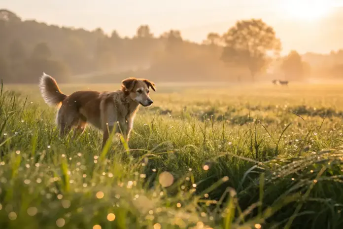 Hund spaziert im Morgenlicht auf einer saftigen Wiese.