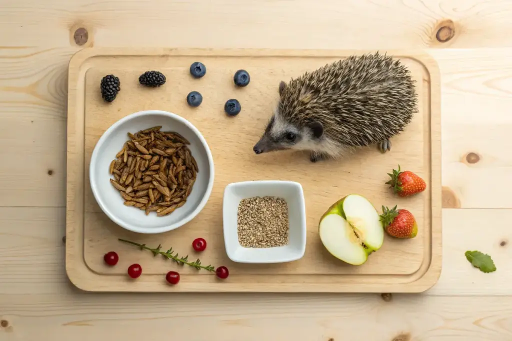 Ausgewogene Mahlzeit für einen Afrikanischen Weißbauchigel mit Trockenfutter, Mehlwürmern und Obst.
