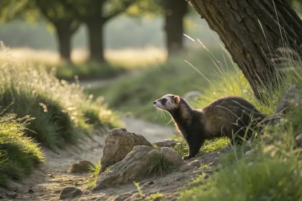 Iltis in der Natur wählt eine Ecke für seine Ausscheidungen.