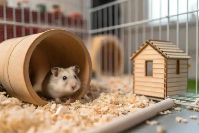 Artgerechter Hamsterkäfig mit viel Platz, tiefem Einstreu und Kletterstrukturen in einem gemütlichen Raum.