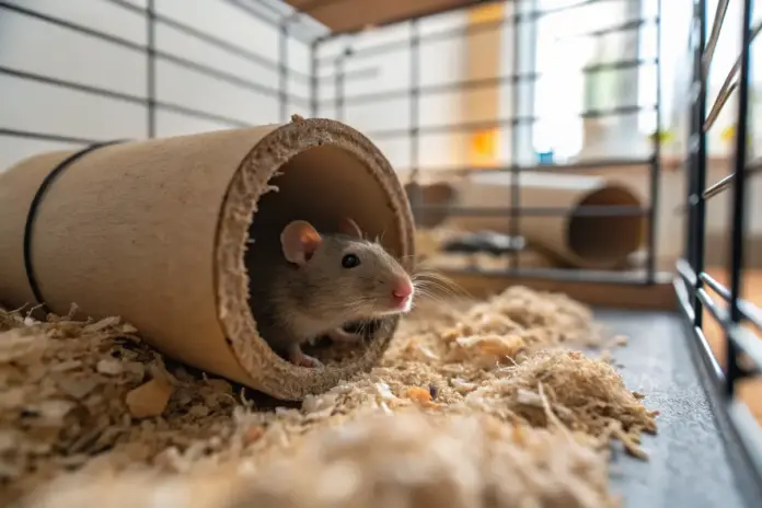 Artgerechter Rattenkäfig mit viel Platz, tiefem Einstreu und Kletterstrukturen in einem gemütlichen Raum.