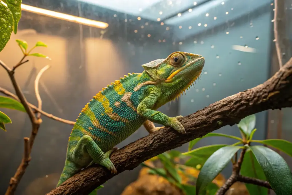 Jemenchamäleon auf einem Ast in einem Terrarium, das seine grünen, gelben und blauen Farben sowie einzigartige Augenmerkmale zeigt.