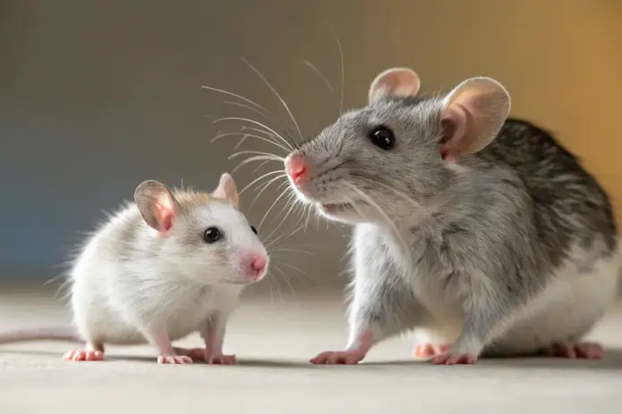 Junge und alte Ratte: Deutlicher Größen- und Fellunterschied zwischen einem jungen, aktiven Tier und einem älteren, ruhigeren Tier.