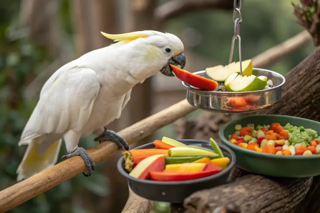 Kakadu frisst frisches Obst und Gemüse, ausgewogene Ernährung für Kakadus.