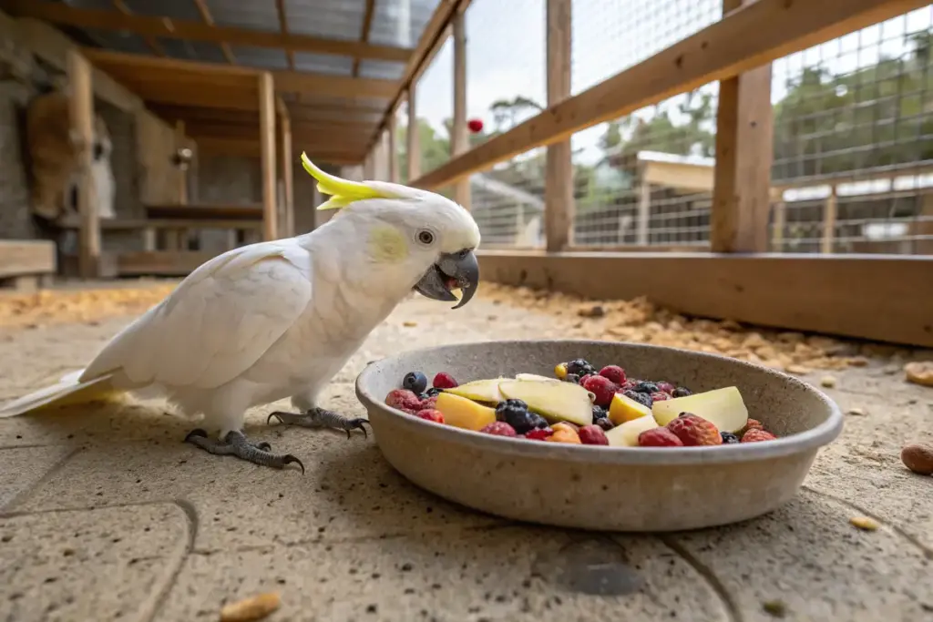 Gelbhaubenkakadu frisst aus einer flachen Futterschale mit Früchten auf einem Outdoor-Volierenboden.