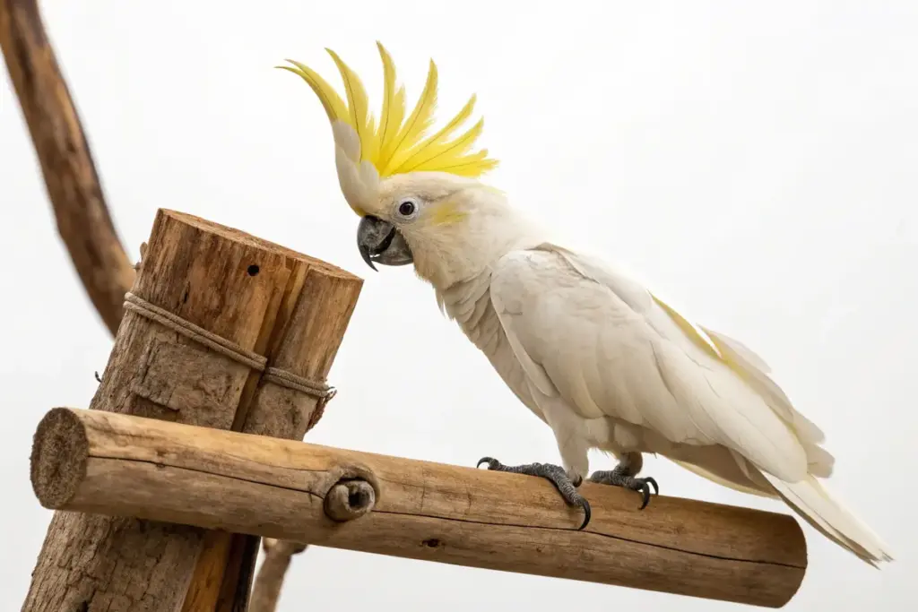 Gelbhaubenkakadu sitzt auf einer Sitzstange aus Naturholz.