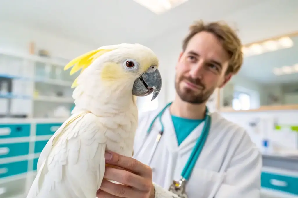 Gelbhaubenkakadu wird in einer hellen Praxis vom Tierarzt untersucht.