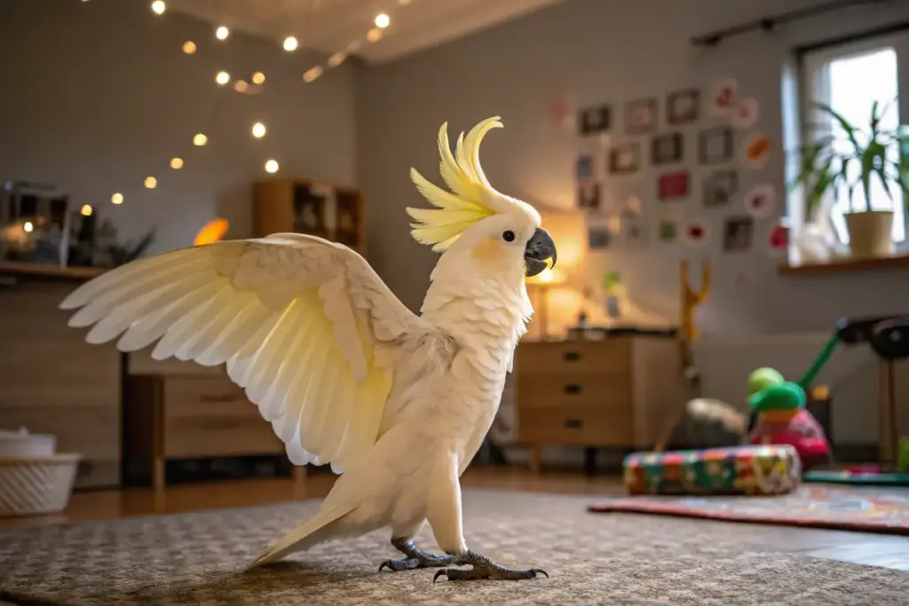 Ein aufrechter Kakadu mit geöffneten Flügeln, zeigt Interesse und Aufmerksamkeit.