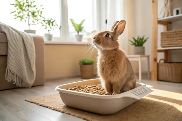 Löwenkopf-Kaninchen sitzt neugierig in einer Toilette mit Holzpellets in einer gemütlichen Wohnung.