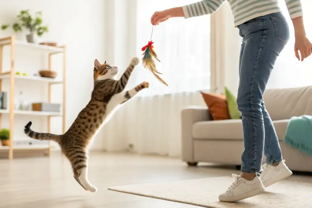 Katze springt hoch, um eine Federangel zu fangen, die von einer Hand gehalten wird.