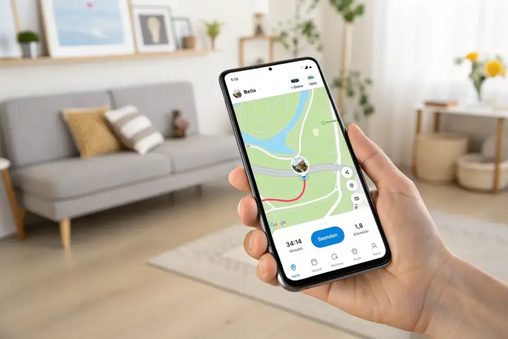 Menschliche Hand hält ein Smartphone mit einer digitalen Karte, die die Bewegungsroute einer Katze zeigt. Es demonstriert die Tracking-Funktion moderner GPS-Geräte.