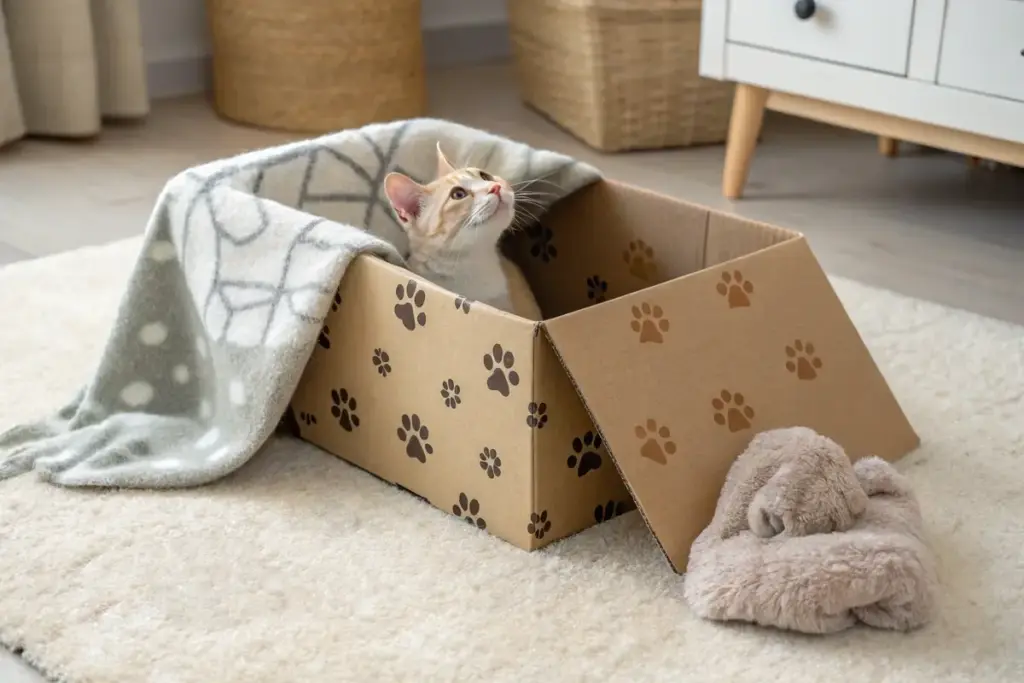 Katze sitzt entspannt in einer offenen Kartonbox mit Katzenpfotenmuster auf einem weichen Teppich.