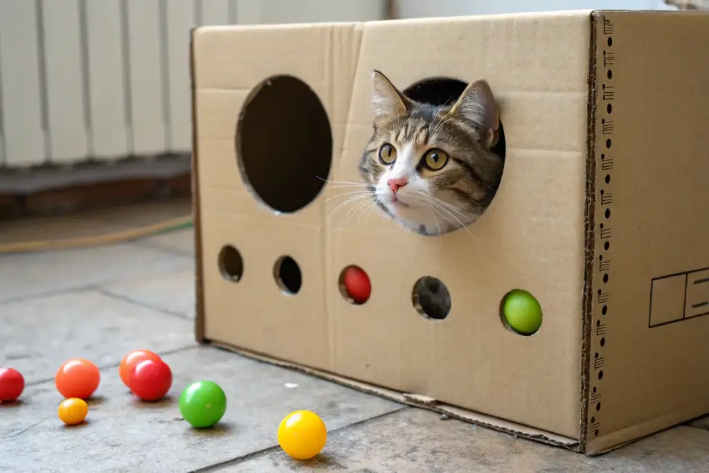 Katze schaut neugierig aus einem Karton mit Löchern, in dem Spielzeug verteilt ist.