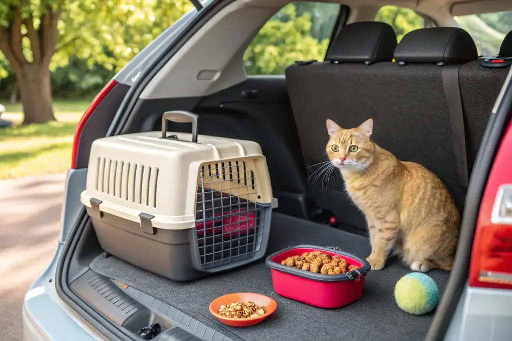 Transportbox und Katzenzubehör im Kofferraum eines Autos, bereit für den Urlaub.