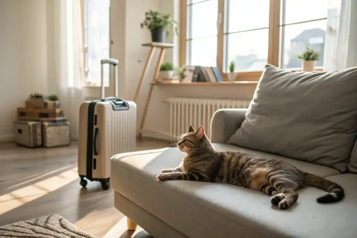 Katze entspannt auf einem Sofa in einem sonnigen Wohnzimmer mit Reisetasche im Hintergrund.
