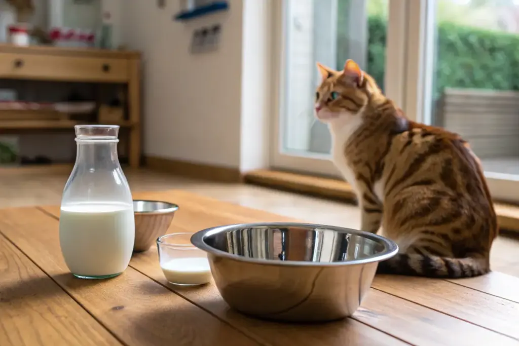 Katze betrachtet eine Wasserschale und eine Milchschale auf einem Holztisch.