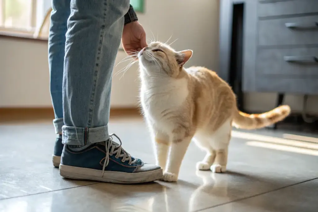 Katze wird von einer Person gestreichelt.