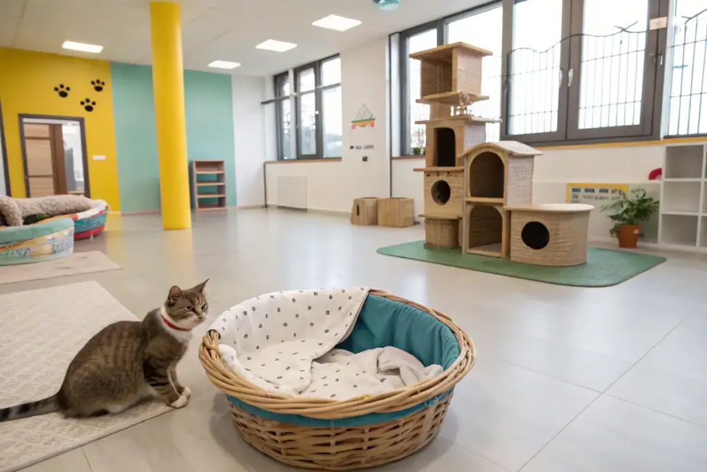 Katzenkorb und Spielmöglichkeiten in einer modernen und sauberen Tierpension.