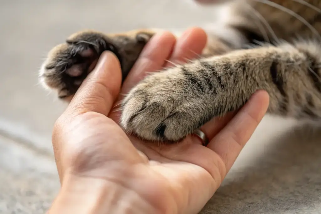 Detailaufnahme einer Katzenpfote, die vorsichtig von einer menschlichen Hand gehalten wird.