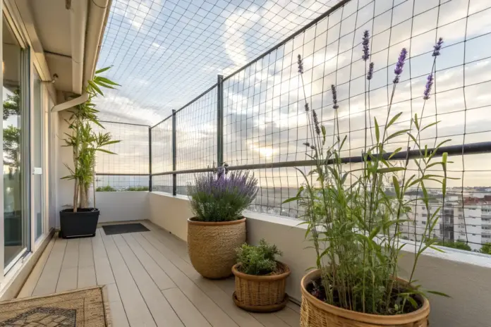 Sicher gestalteter Balkon mit Katzennetz, Pflanzen und sommerlichem Himmel.