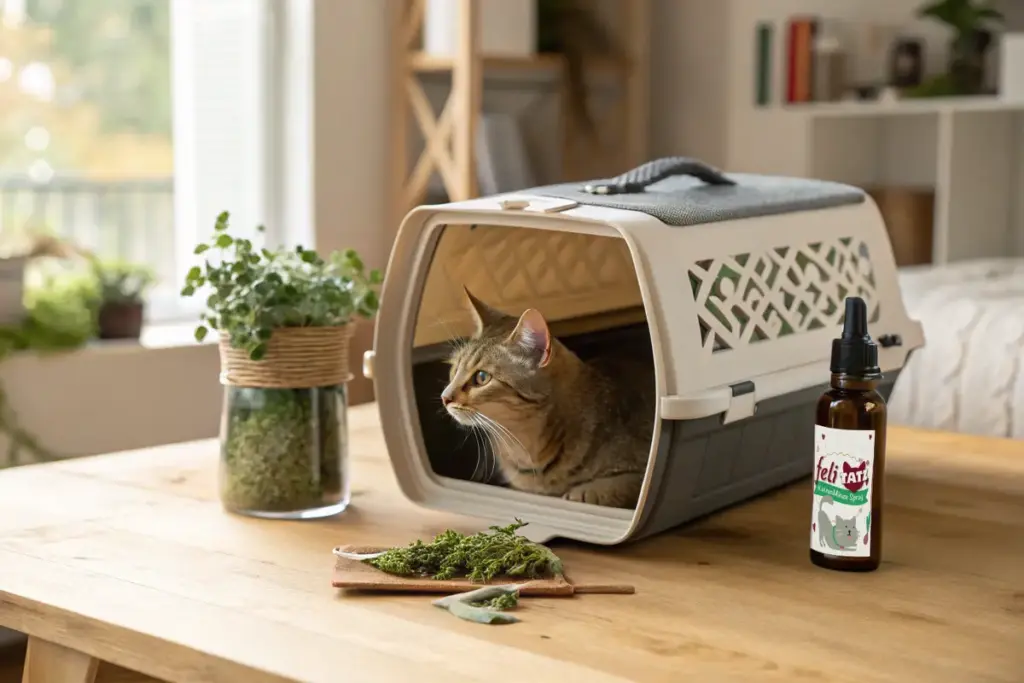 Eine Katze in einer offenen Katzentransportbox ohne Tür, mit Katzenminze auf einem Holztisch.