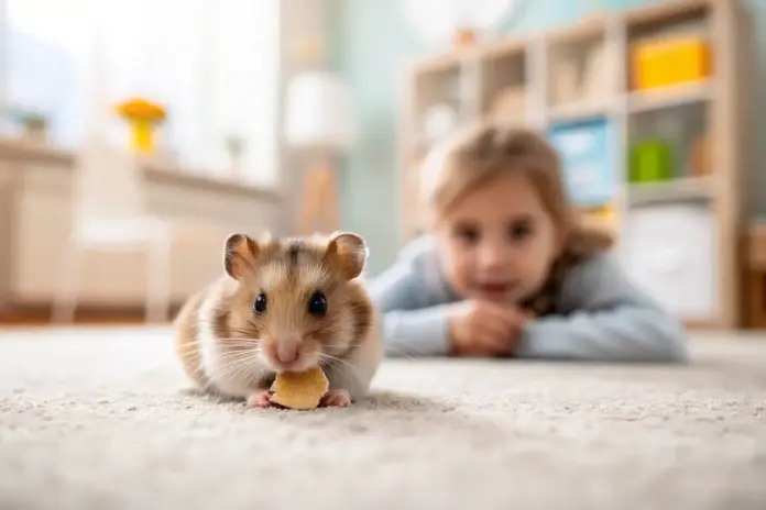 Kind liegt auf dem Teppich und beobachtet einen Hamster, der ein Stück Futter frisst.