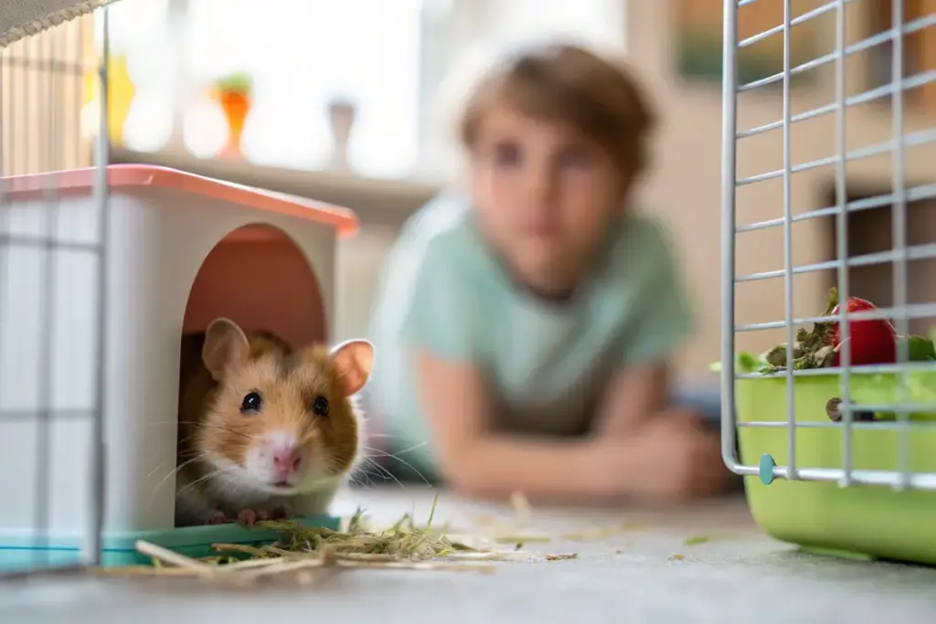 Hamster sitzt in einem kleinen Haus, während ein Kind ruhig davor sitzt und zuschaut.