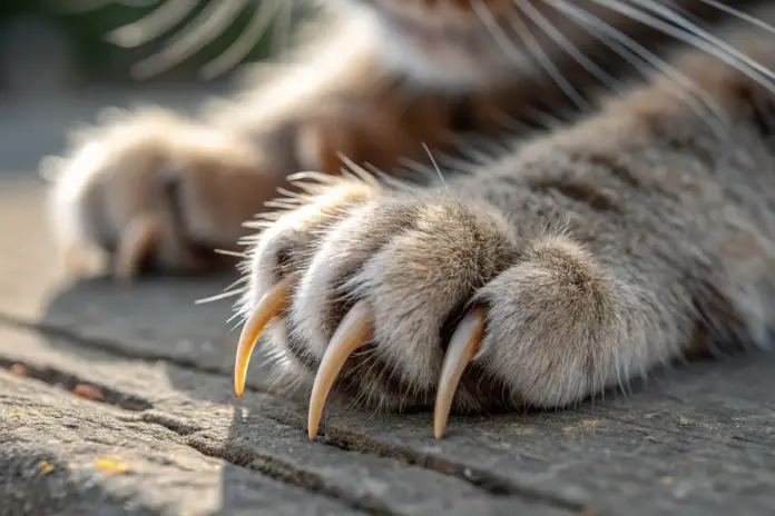 Makroaufnahme von ausgefahrenen Katzenkrallen, perfekt zur Veranschaulichung beim Thema Krallenschneiden.