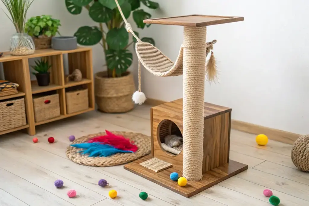 Katzenkratzbaum mit Spielzeugen und Kletterflächen, ideal für die Beschäftigung von Wohnungskatzen.