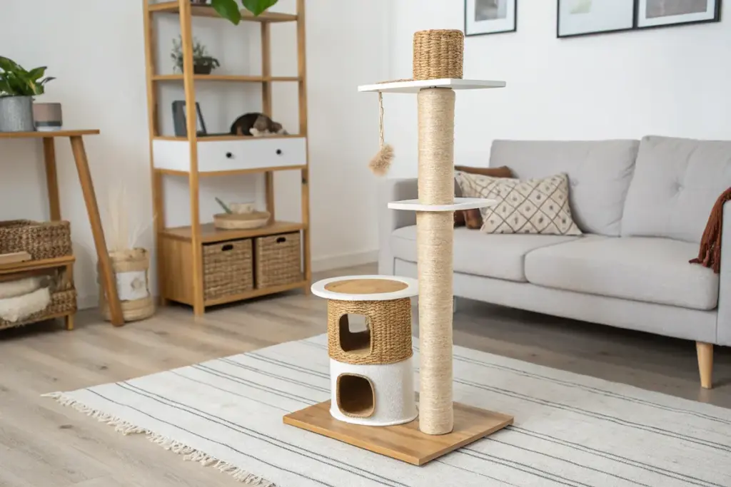 Moderner Kratzbaum mit Sisalstämmen und Spielzeug in einer hell eingerichteten Wohnung.