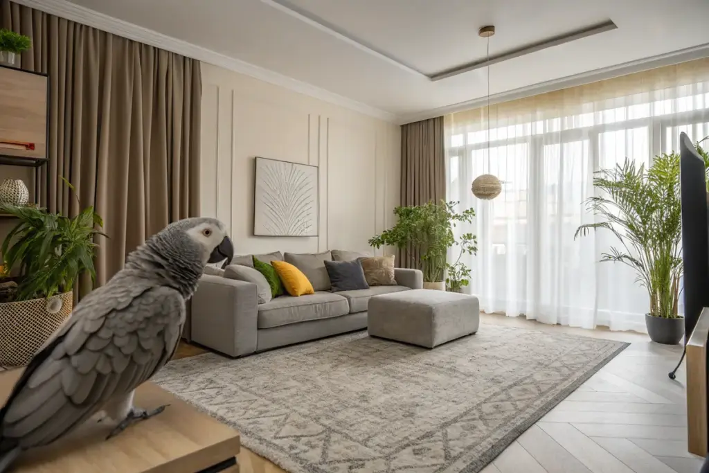 Wohnzimmer mit Lärmdämmung durch Teppiche und Vorhänge für die Papageienhaltung.