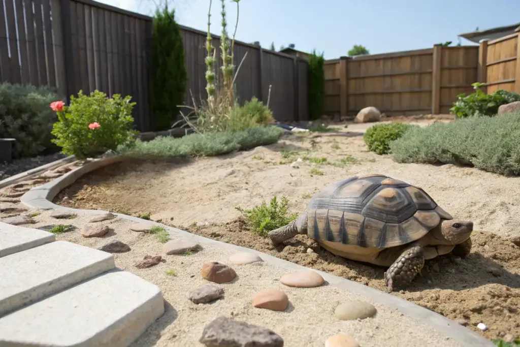Artgerechtes Freigehege für eine Landschildkröte mit Sand, Pflanzen und Steinen.