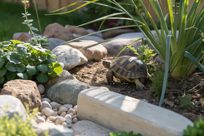 Griechische Landschildkröte in natürlicher Umgebung im Garten mit Versteckhöhle und Klettermöglichkeiten.