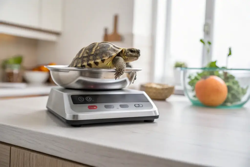 Griechische Landschildkröte wird auf einer digitalen Küchenwaage gewogen.