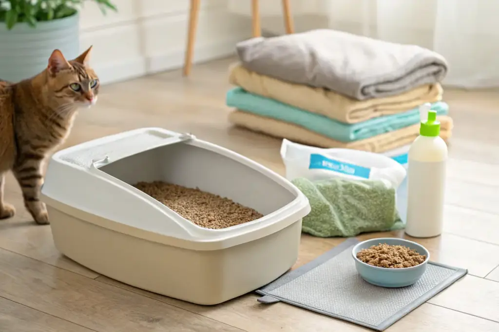Katzenklo mit frischer Streu und Nassfutter als Symbole für laufende Katzenkosten.